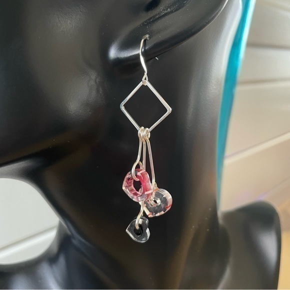 2/$29 Cane Glass Heart Dangle Earrings Long Geometric Clear Red White Black - Picture 1 of 3